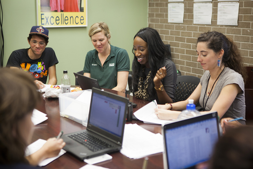 An elementary school principal holds a meeting with teachers at a public charter school in New Orleans, May 2015. (Getty/Melanie Stetson Freeman)