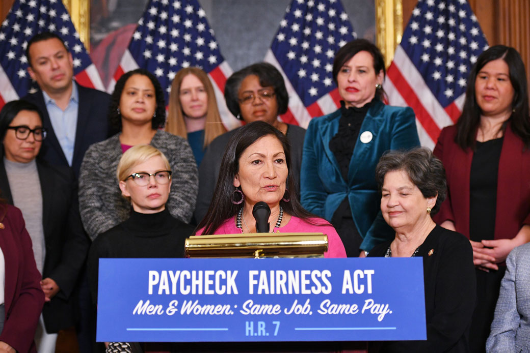 Rep. Deb Haaland (D-NM) speaks at an event to celebrate the Paycheck Fairness Act on Equal Pay Day, April 2019. (Getty/Mandel Ngan)
