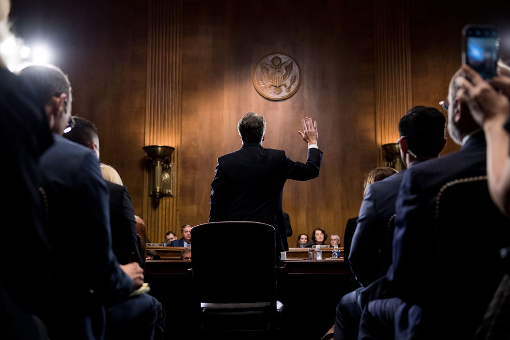 Then-Supreme Court Justice nominee Brett Kavanaugh is sworn in before the Senate Judiciary Committee in Washington, D.C., September 2018. (Getty/Pool/Tom Williams)