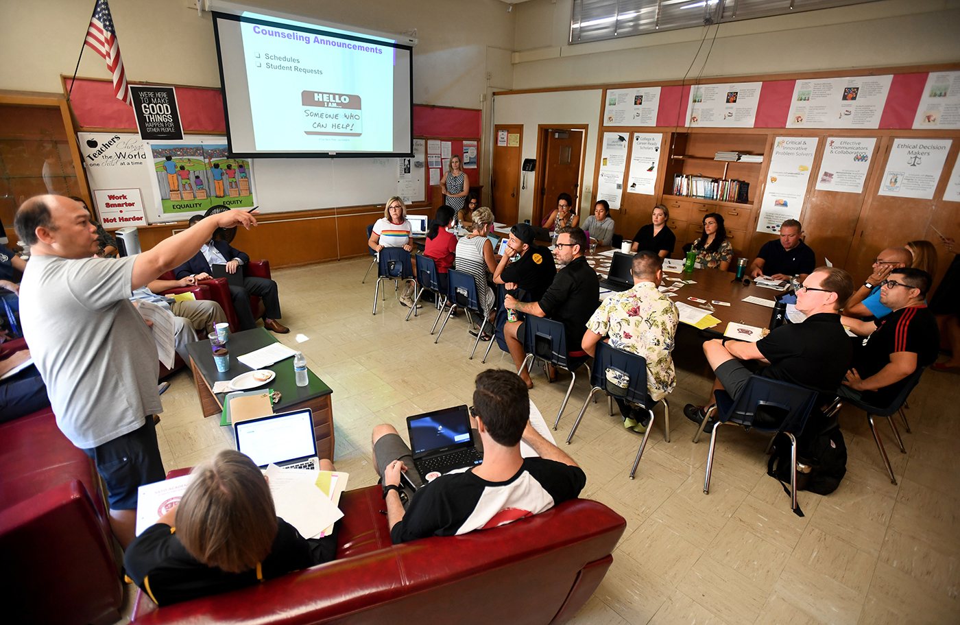 Teachers gather for a training session at SATO Academy of Math and Science in Long Beach, California, as they get ready for the first day of school. (Getty/Brittany Murray)