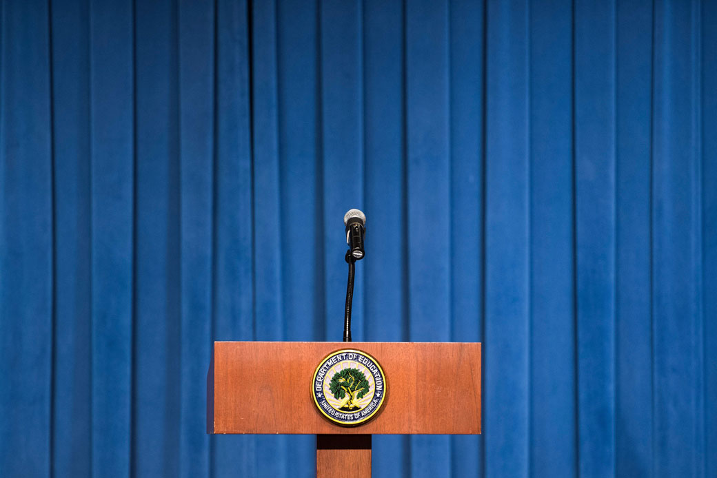 The podium stands empty prior to Secretary of Education Betsy DeVos' arrival to deliver remarks to U.S. Department of Education staff on her first day as secretary in Washington, D.C., February 8, 2017. (Getty/AFP/Jim Watson)