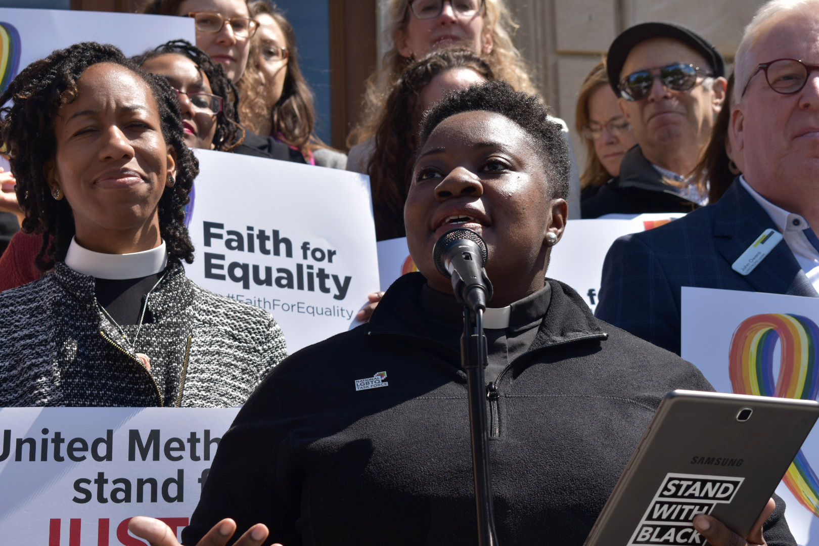 The Rev. Naomi Washington-Leapheart delivers a prayer at a vigil in support of the Equality Act in Washington, D.C., May 2019. (Mackenzie Harris/Faith in Public Life)