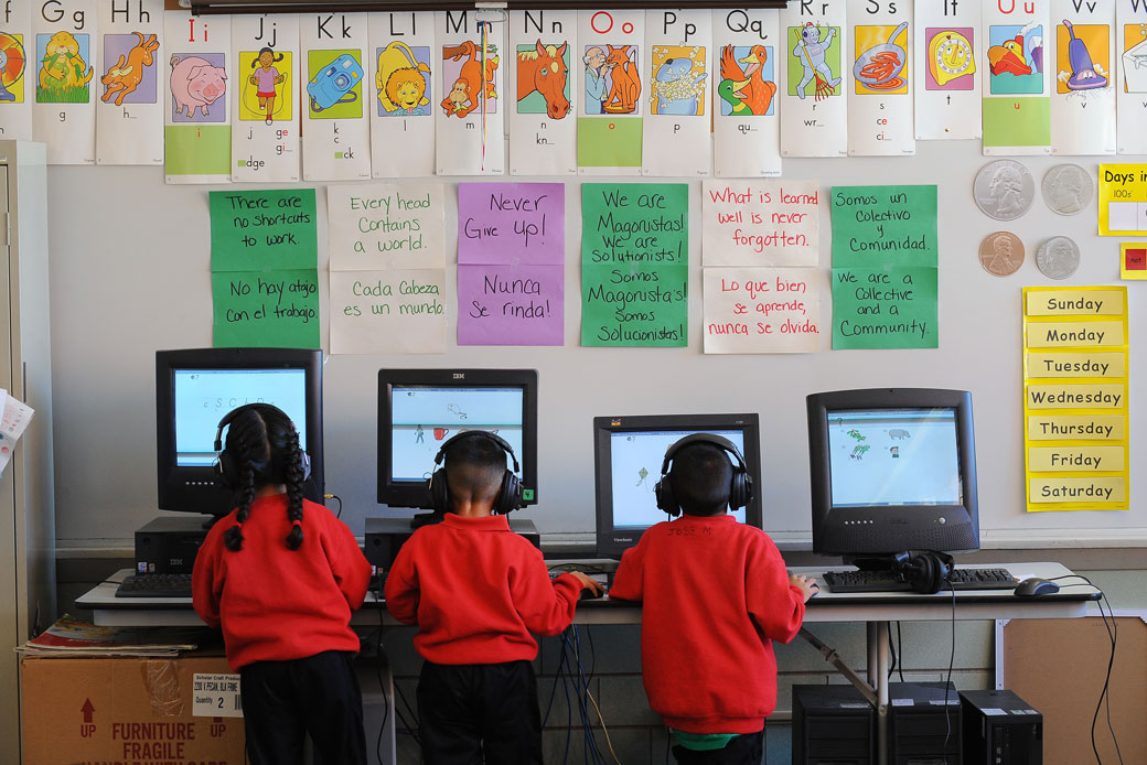 Kindergarten students at a Denver, Colorado, charter school play educational computer games during class, December 2011. (Getty/The Denver Post/Helen H. Richardson)