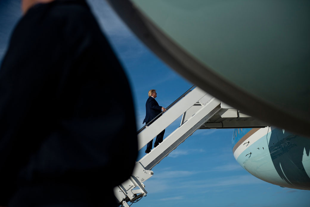  (President Donald Trump boards Air Force One at Andrews Air Force Base in Maryland, October 2019.)