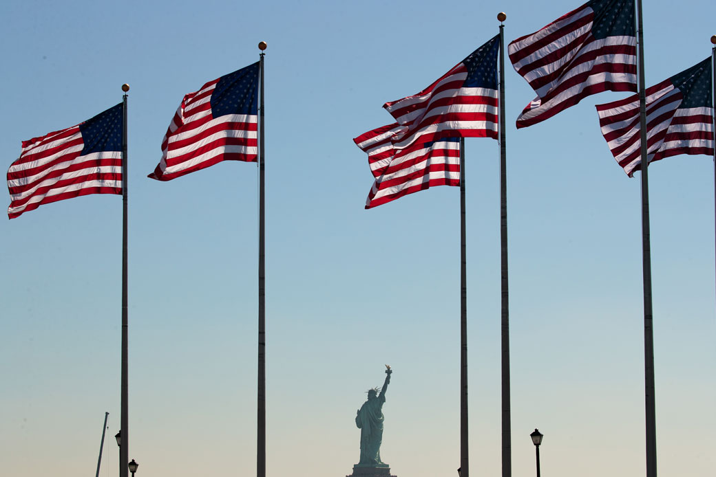 A view of the Statue of Liberty is seen during a naturalization ceremony in Jersey City, New Jersey, September 2017. (Getty/Drew Angerer)