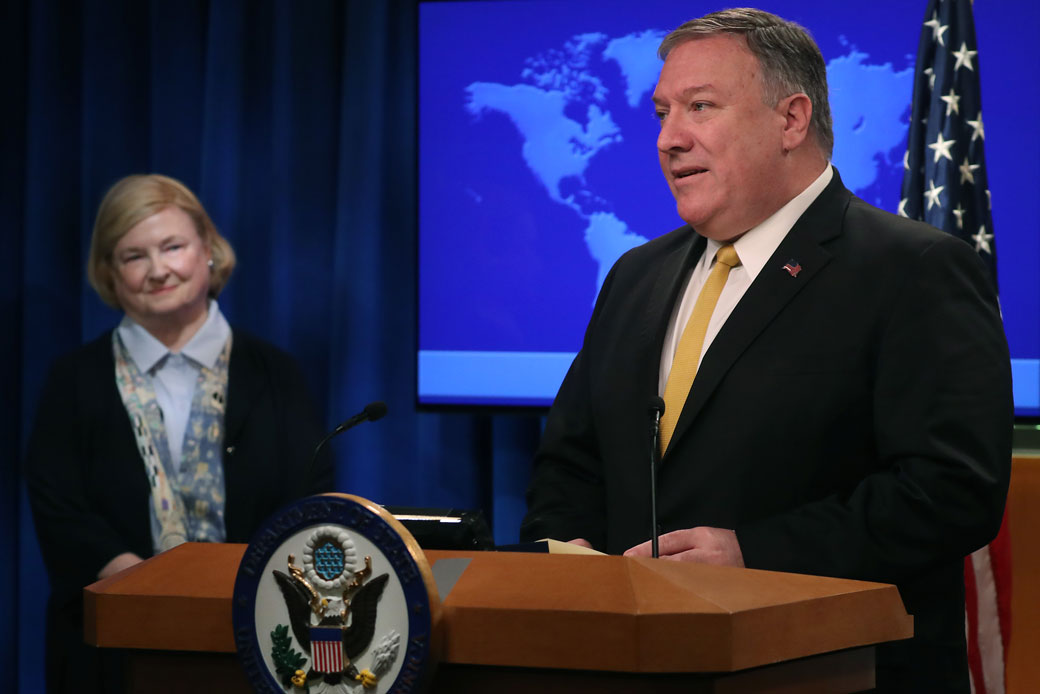 Secretary of State Mike Pompeo is joined by Harvard law professor Mary Ann Glendon as he announces the formation of the U.S. State Department's Commission on Unalienable Rights on July 8, 2019. (Getty/Mark Wilson)