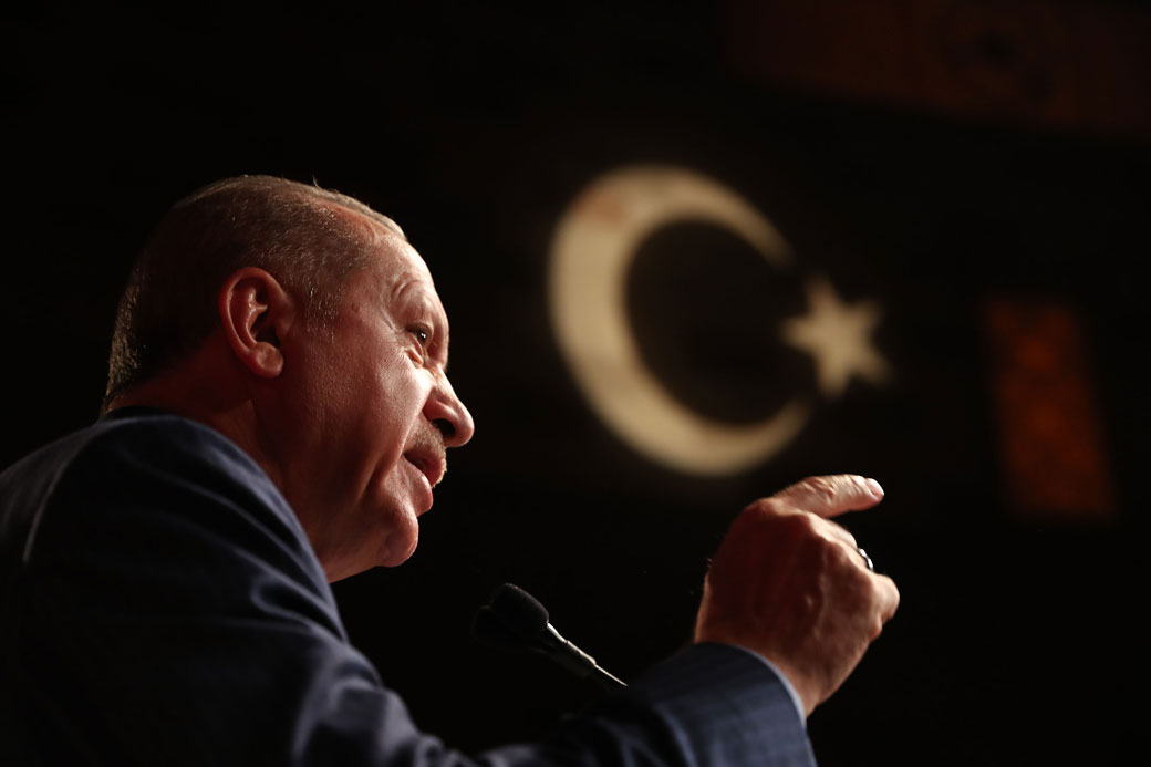 President of Turkey Recep Tayyip Erdoğan addresses an audience in New York in September 2018. (Getty/Kayhan Ozer/Anadolu Agency)