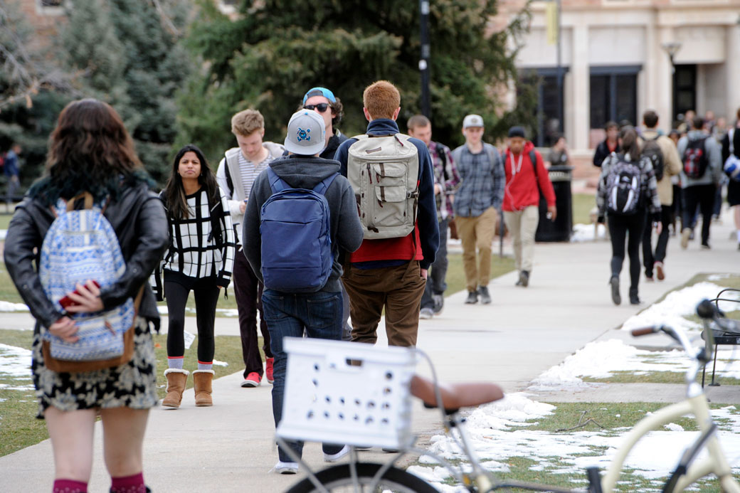 Students walk between classes at their college campus in Boulder, Colorado, February 2015. (Getty/Cliff Grassmick/Boulder Daily Camera)