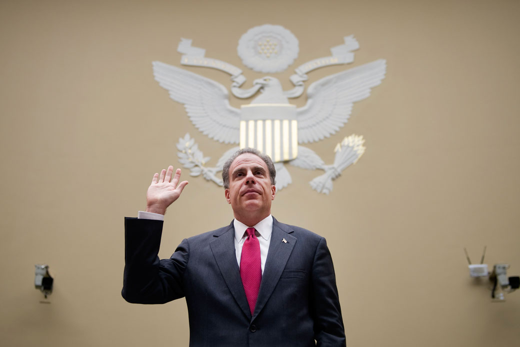 Justice Department Inspector General Michael Horowitz testifies before a House Oversight and Reform Committee hearing on a 2012 OIG report in Washington. (Getty/Chris Maddaloni/CQ Roll Call)