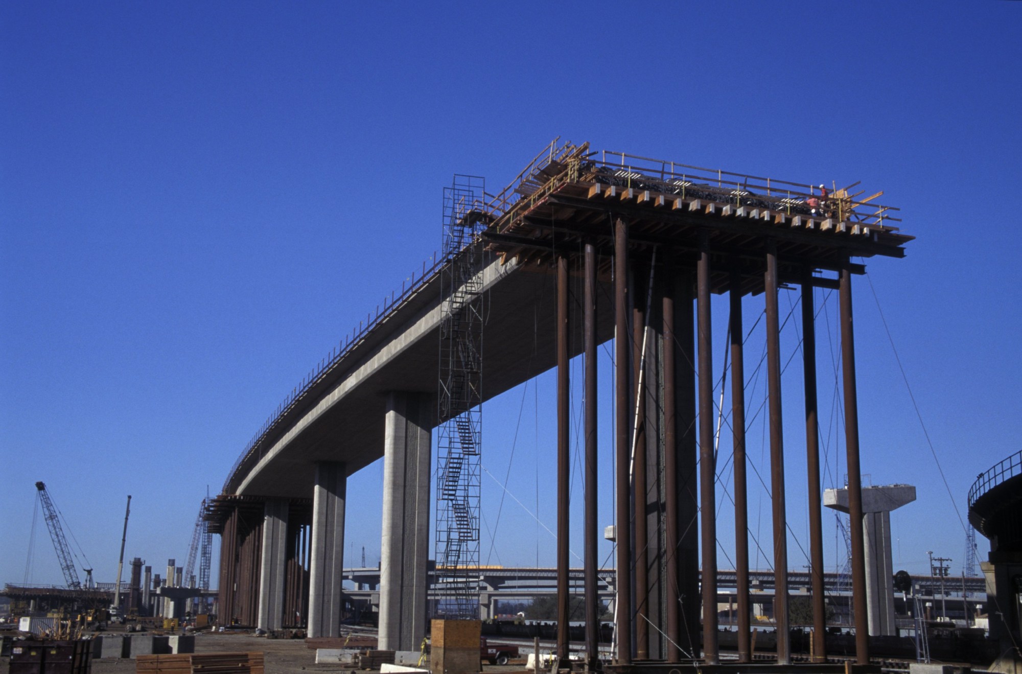 Freeway bridge under construction showing falsework. (Freeway bridge under construction)