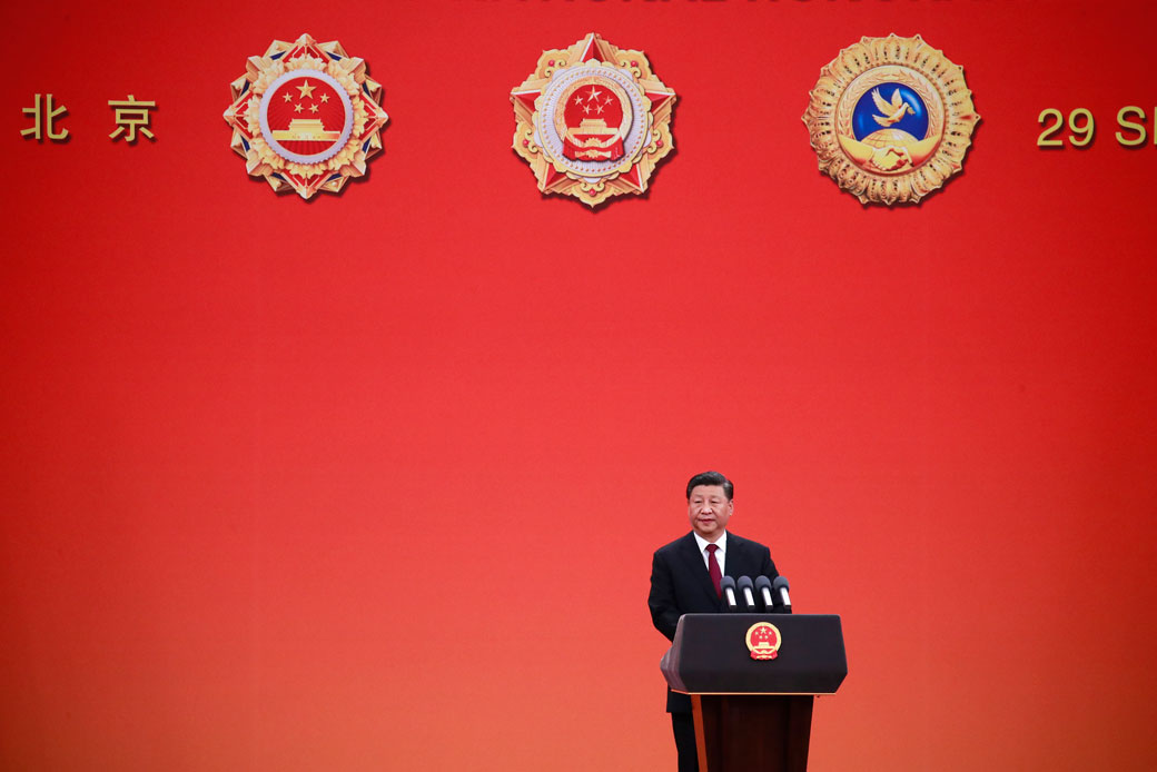 Chinese President Xi Jinping delivers a speech during a ceremony in Beijing, October 2019. (Getty/How Hwee Young)