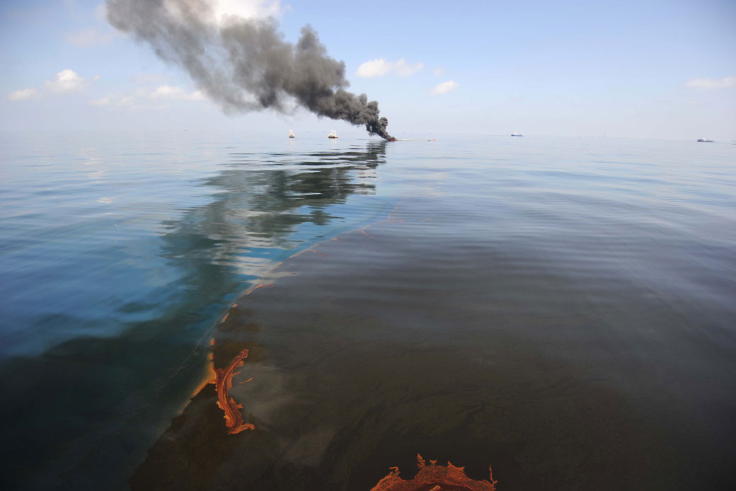 Oil burns during a controlled fire in the Gulf of Mexico following the Deepwater Horizon Spill on April 20, 2010. (Getty/U.S. Navy/Justin E. Stumberg)