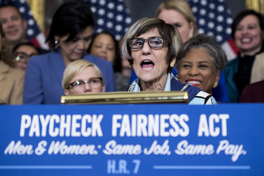Rep. Rosa DeLauro (D-CT) speaks during a press conference marking Equal Pay Day and celebrating the House passage of the Paycheck Fairness Act, April 2, 2019. (Getty/Bill Clark)