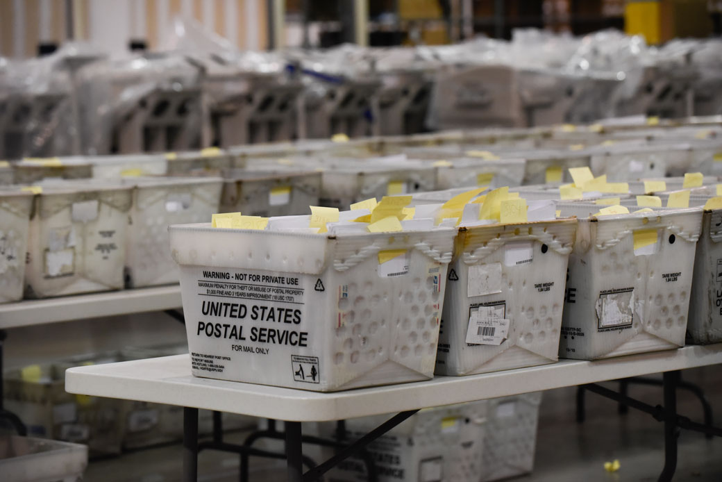 Trays of election ballots are seen at a warehouse in West Palm Beach, Florida, November 2018. (Getty/Michele Eve Sandberg/AFP)