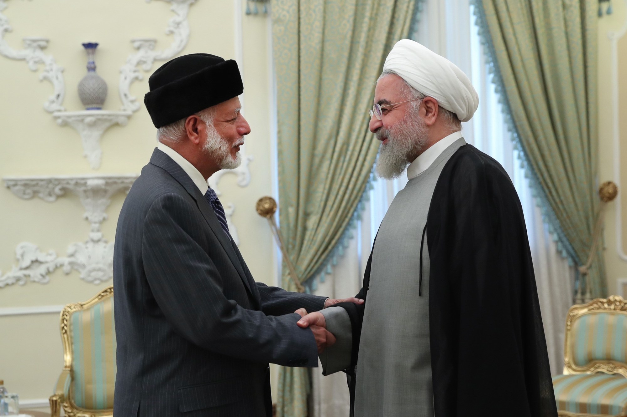 Iranian President Hassan Rouhani meets Omani Foreign Minister Yusuf bin Alawi bin Abdullah in Tehran, Iran, on July 28, 2019. (Getty/Iranian Presidency/Handout)