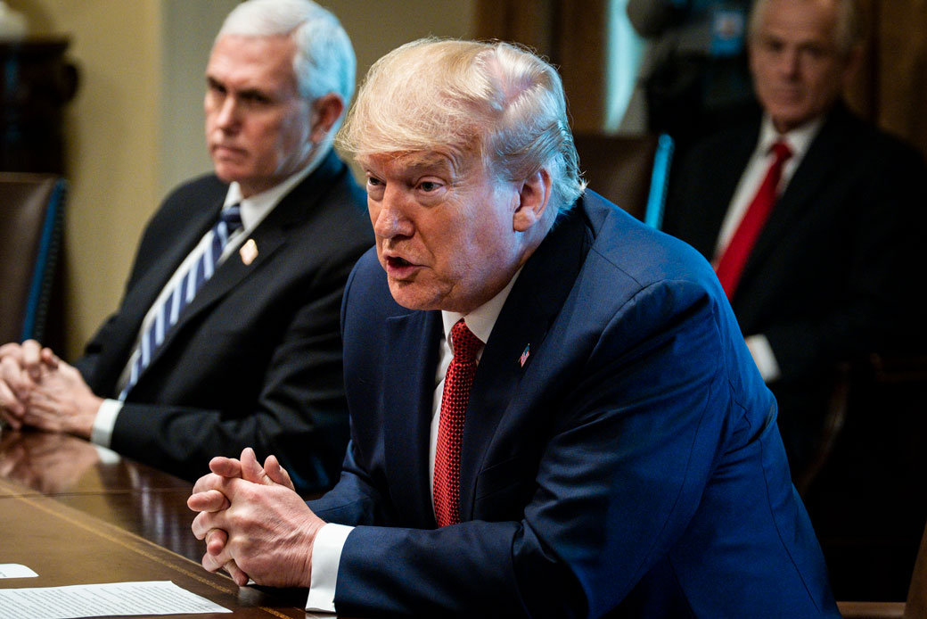 President Donald Trump and Vice President Mike Pence meet with supply chain distributors at the White House in Washington to discuss the coronavirus pandemic, March 29, 2020. (Getty/Pete Marovich-Pool)