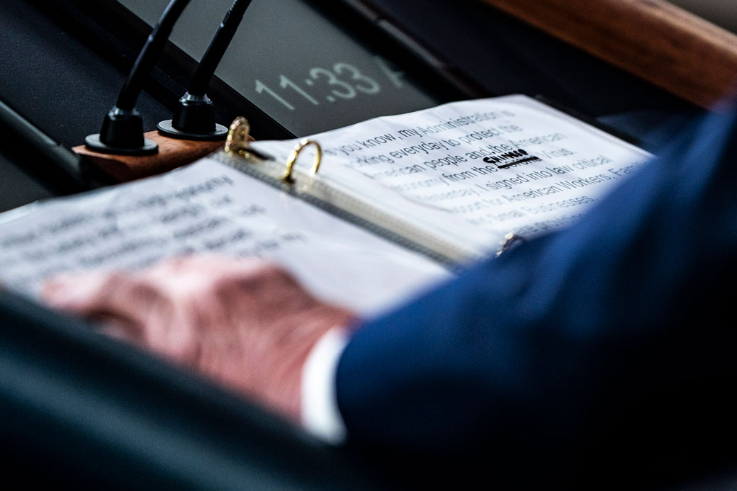 During a press briefing at the White House, President Donald Trump's notes show where