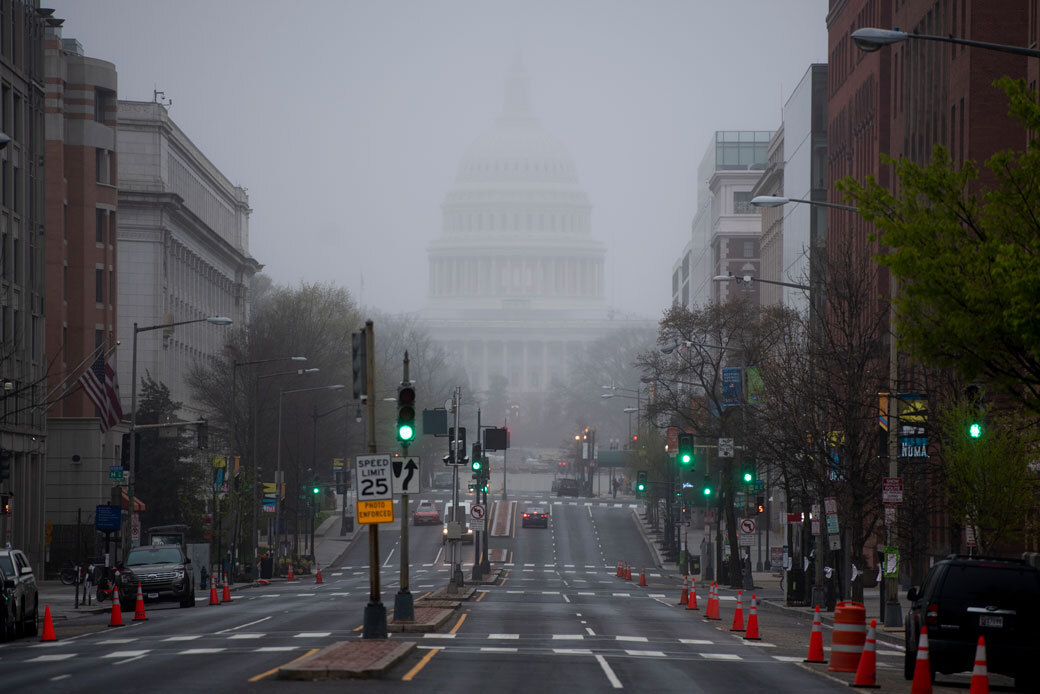 Fog blankets the U.S. Capitol dome as seen from North Capitol Street, March 2020. (Getty/Bill Clark)