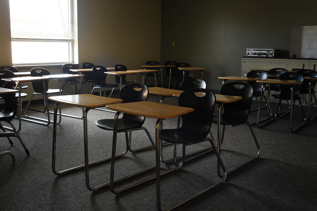 An empty high school classroom in Lakewood, Colorado, March 16, 2020. (Getty/RJ Sangosti)