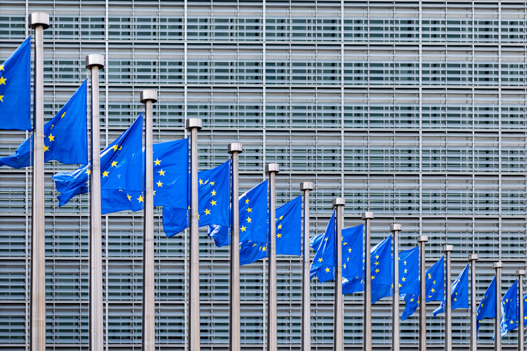 European flags stand in front of the Berlaymont building in Brussels, May 2019. (Getty/Marcel Kusch)