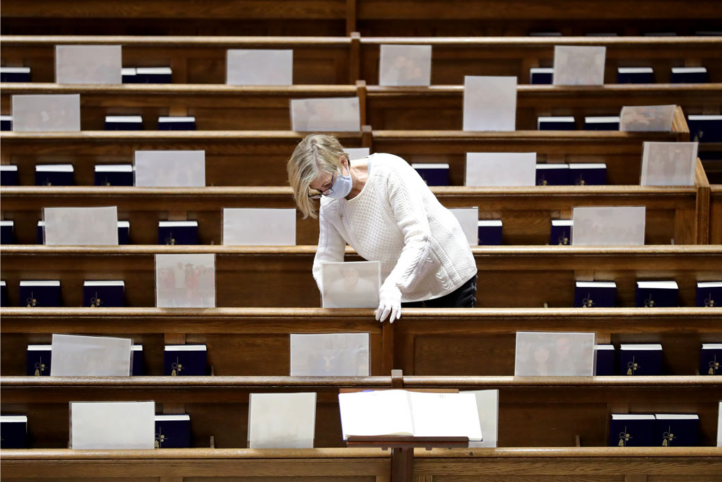 A volunteer prepares for a livestream of Easter Sunday Mass at Our Lady of Sorrows Catholic Church on April 11, 2020, in South Orange, New Jersey. (Getty/Elsa)