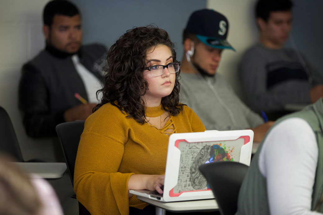A DACA recipient and student attends criminology class in October 2017, in Willimantic, Connecticut. (Getty/Melanie Stetson Freeman)