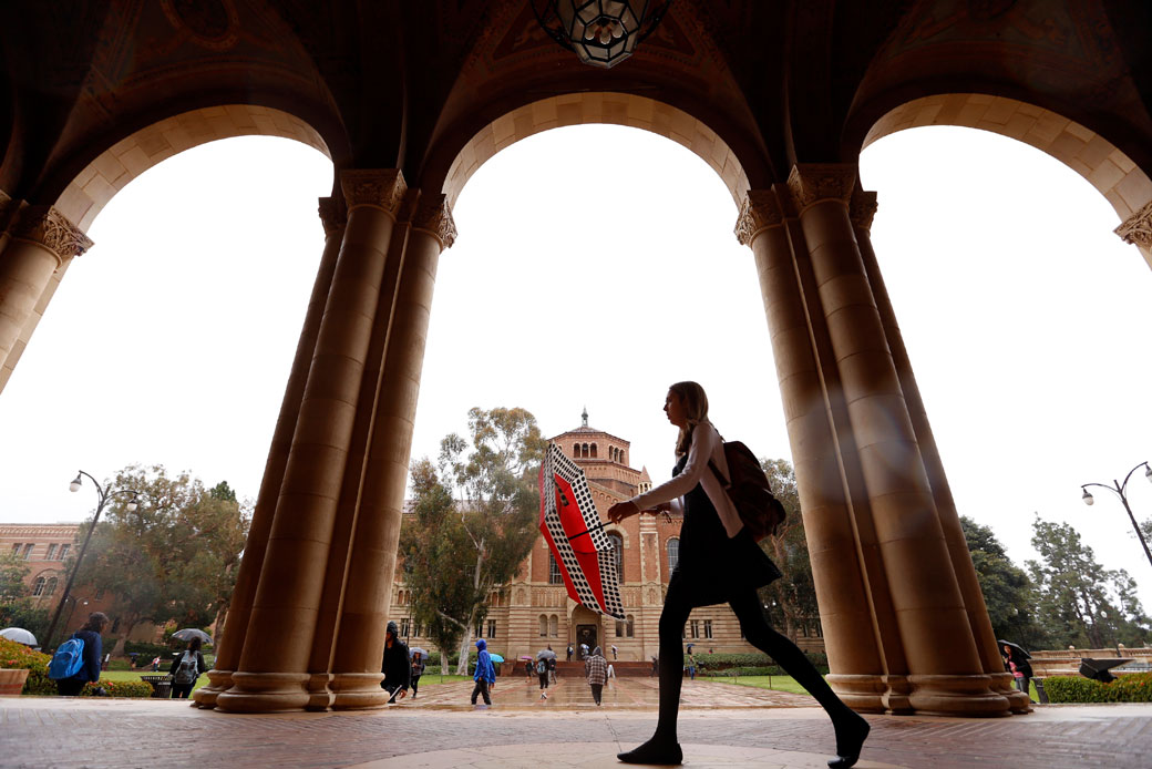 Students walk the UCLA campus near Royce Hall on May 14, 2015. (Getty/Al Seib)