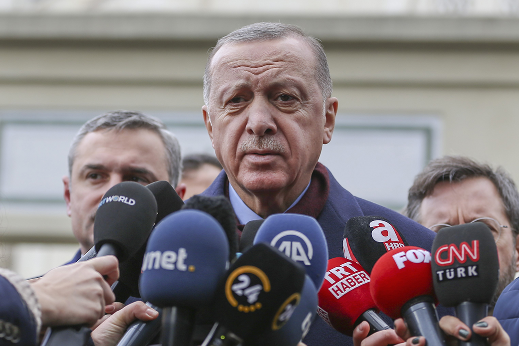 President of Turkey Recep Tayyip Erdoğan answers the questions of press members after performing the Friday prayer at Hazreti Ali Mosque in the Üsküdar district of Istanbul, January 17, 2020. (Getty/Serhat Cagdas)