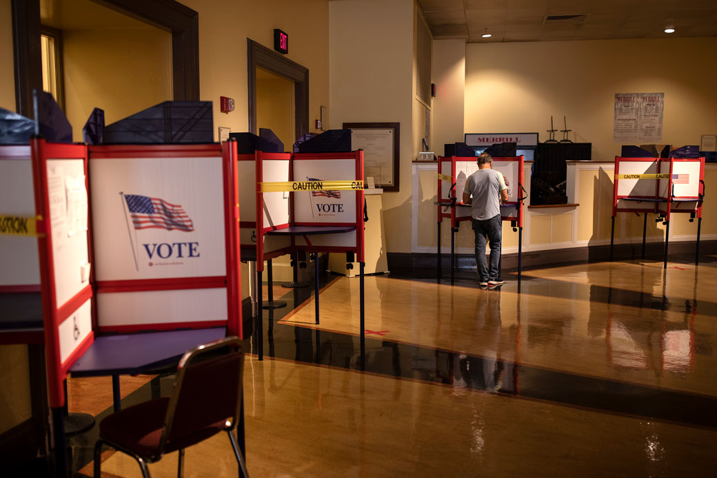 An auditorium in Portland, Maine, holds in-person absentee voting and voter registration on Tuesday, June 23, 2020. (Getty/Brianna Soukup/Portland Press Herald)