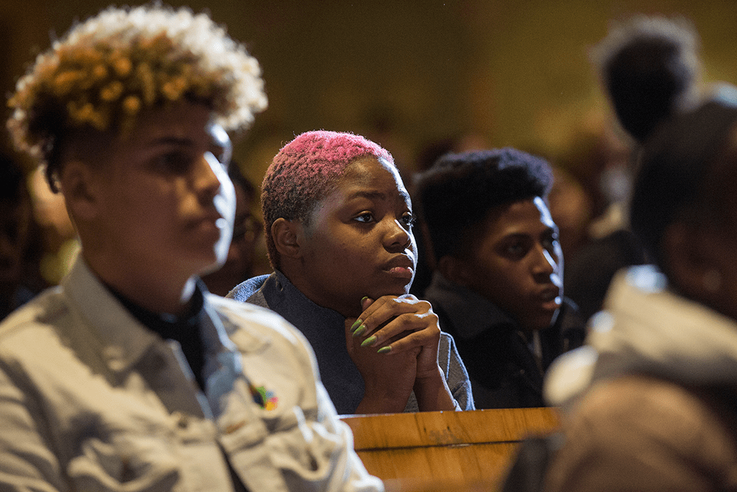 Student activists from New York City public schools—which remain some of the most segregated in the nation—meet with Board of Education officials demanding an end to all metal detectors, a more equitable division of resources within the school system, and reforms to the admissions process, January 2020. (Getty/Andrew Lichtenstein/Corbis)