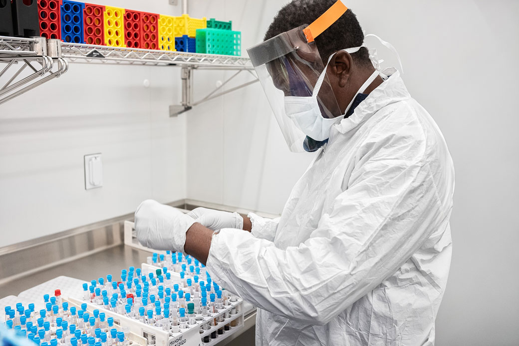 (A research assistant works with live COVID-19 specimens at Downstate Health Sciences University's biobank on April 20, 2020, in the Brooklyn, New York.)