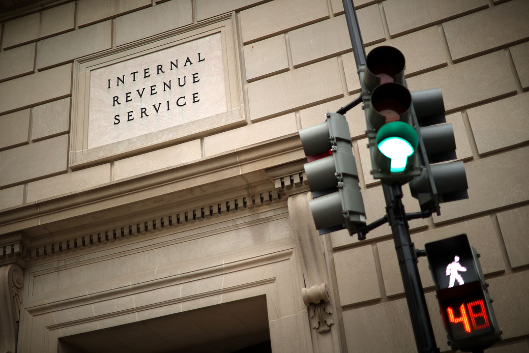 The IRS headquarters building in Washington, D.C., appeared to be mostly empty on April 27, 2020, as employees across the district began to work from home. (Getty/Chip Somodevilla)