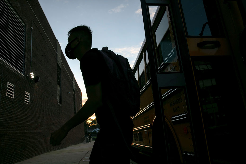 A student arrives to a high school in Stamford, Connecticut, September 2020. (Getty/John Moore)