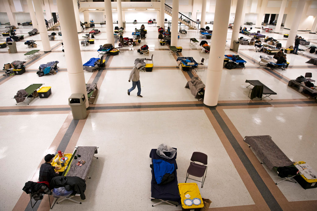 (A hall in the Seattle Center has been turned into a temporary men's shelter in Seattle on April 6, 2020.)