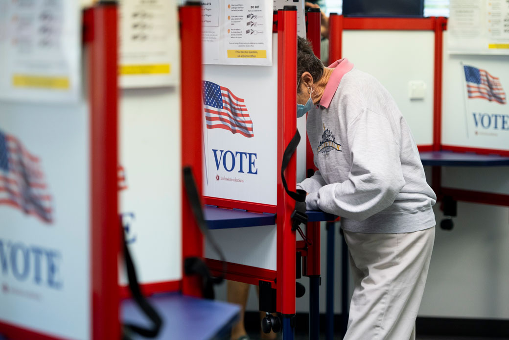 A voter fills out her ballot at the Loudoun County Office of Elections on the first day of early voting in Leesburg, Virginia, on September 18, 2020. (Getty/Bill Clark/CQ-Roll Call Inc.)