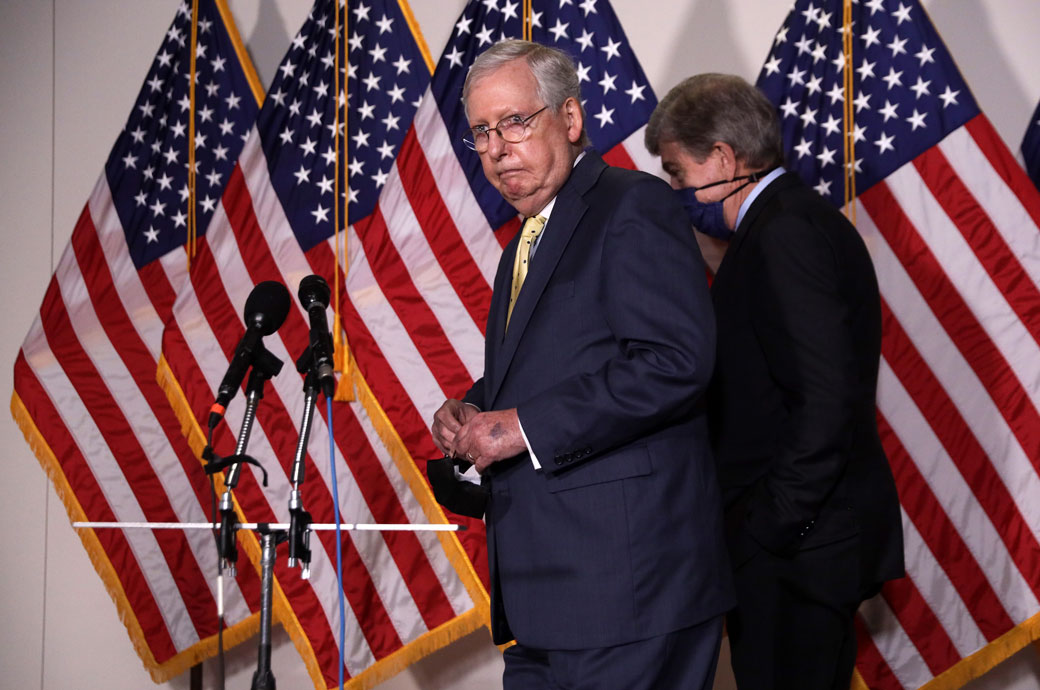 U.S. Senate Majority Leader Mitch McConnell (R-KY) approaches the microphones, September 2020. (Getty/Alex Wong)