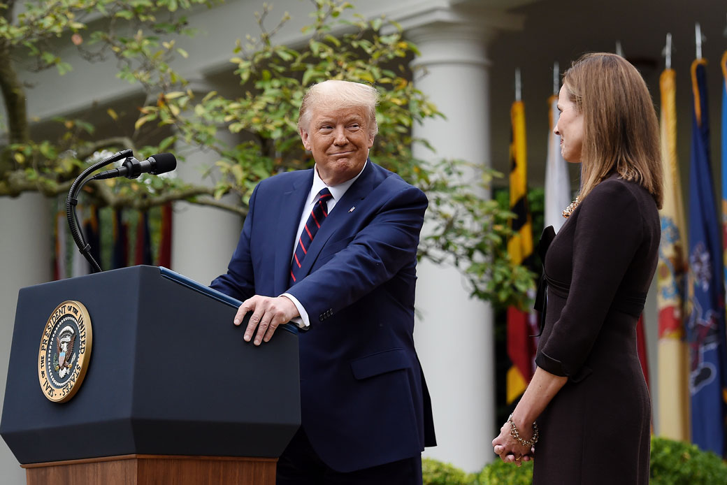 Judge Amy Coney Barrett speaks after being nominated to the U.S. Supreme Court by President Donald Trump in the Rose Garden of the White House in Washington, D.C., on September 26, 2020. (Getty/AFP/Olivier Douliery)