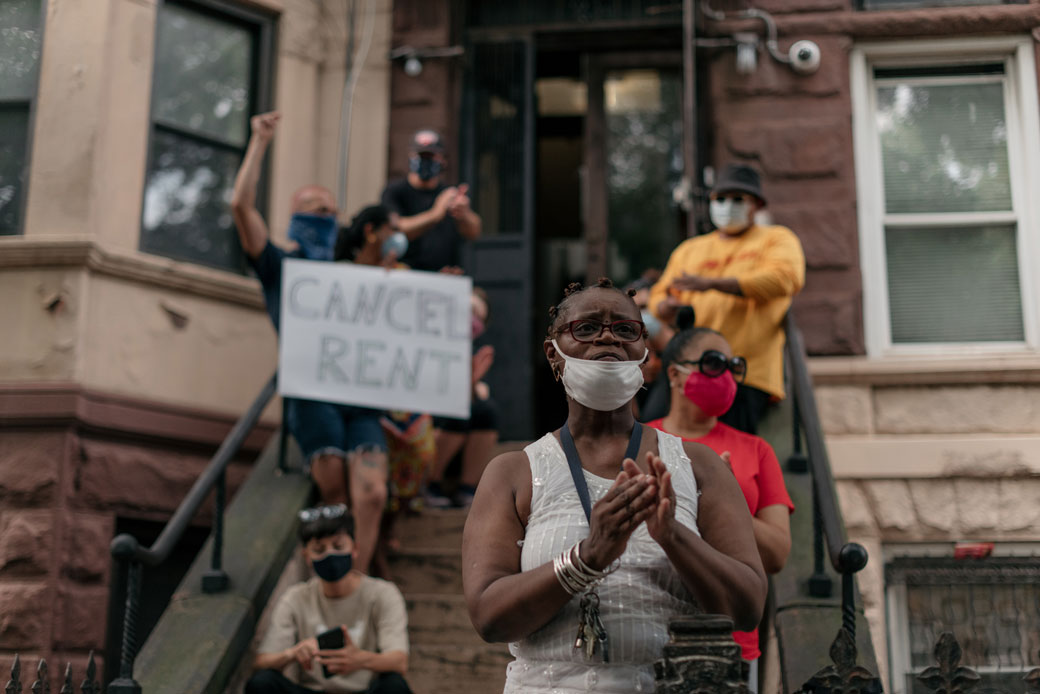 Housing activists gather in the Crown Heights neighborhood in Brooklyn, New York, on July 31, 2020. (Getty/Scott Heins)