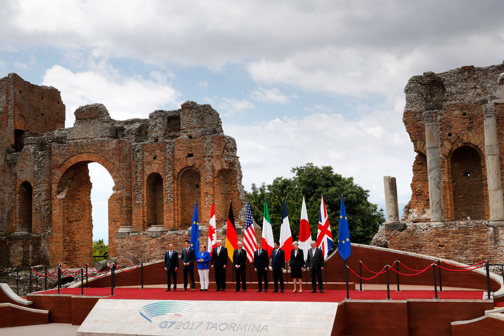World leaders pose for a photo at the Ancient Greek Theater of Taormina during the G-7 summit in Sicily on May 26, 2017. (Getty/AFP/Philippe Wojazer)