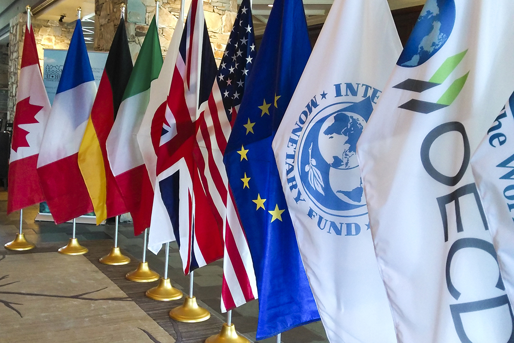 Flags line the entrance to the G-7 at the hotel Fairmont in Whistler, British Columbia, on June 1, 2018. (Getty/Delphine Touitou/AFP)