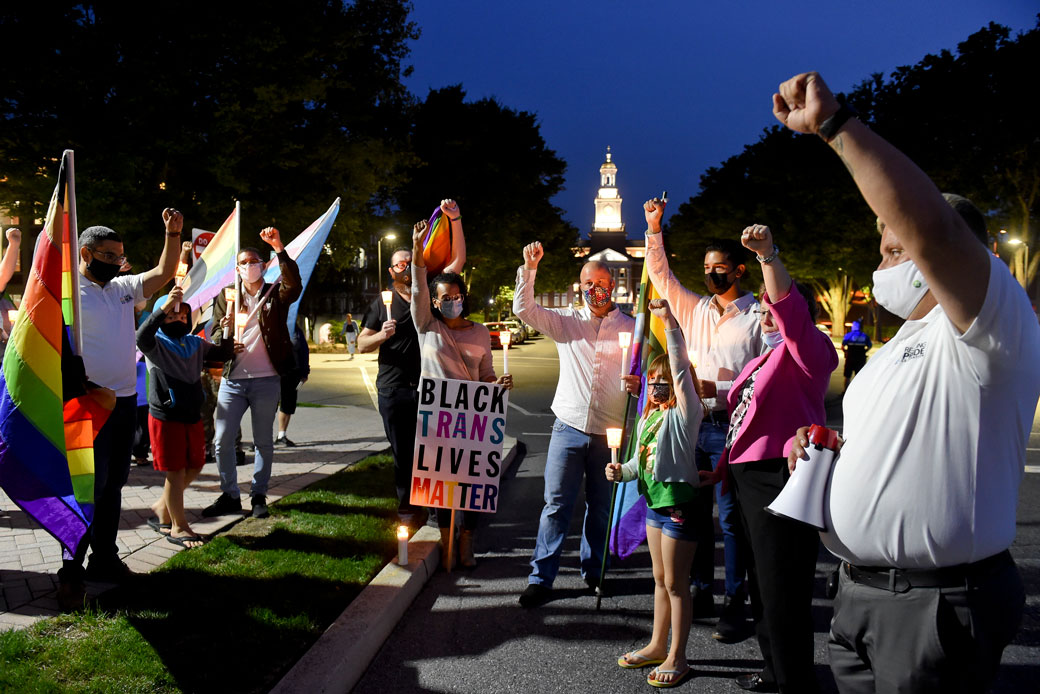  (LGBTQ rights supporters gather during a candlelight vigil in West Reading, Pennsylvania, on September 14, 2020.)