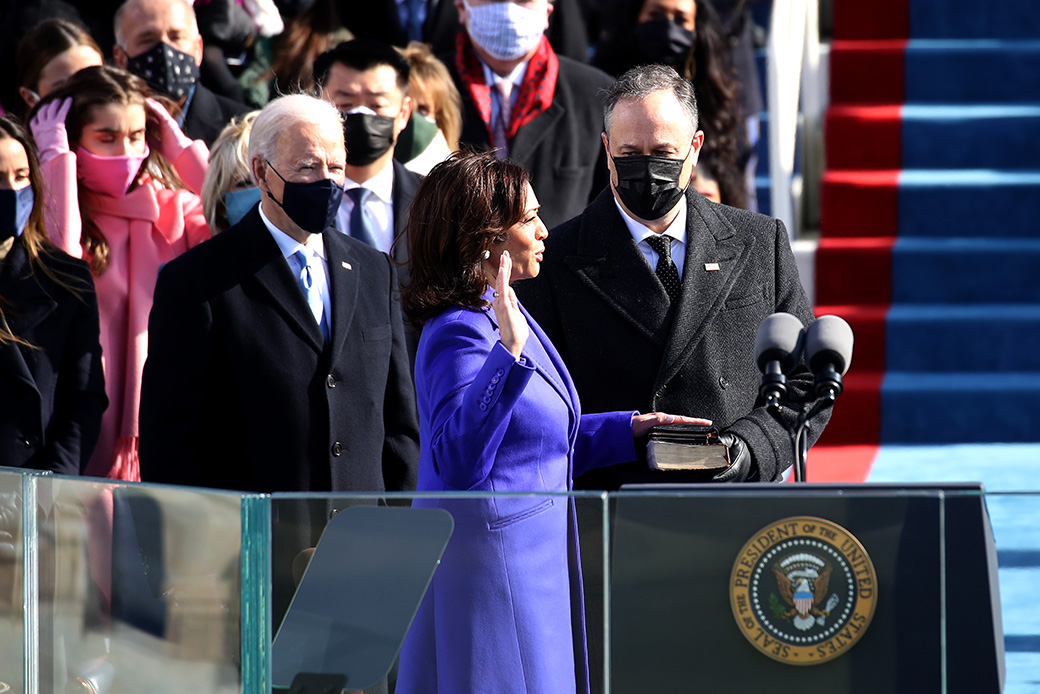 Kamala Harris is sworn in as U.S. vice president as her husband Doug Emhoff stands by her side during the inauguration of U.S. President-elect Joe Biden on the West Front of the U.S. Capitol on January 20, 2021, in Washington, D.C. (Getty/Rob Carr)