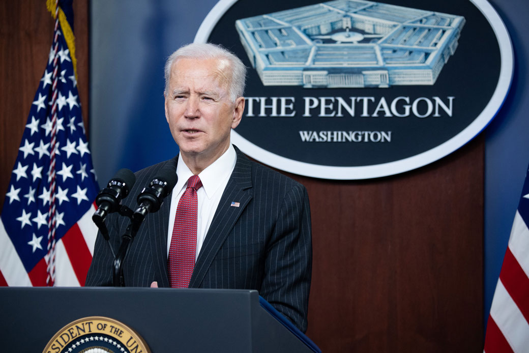  (President Joe Biden speaks during a visit to the Pentagon on February 10, 2021.)