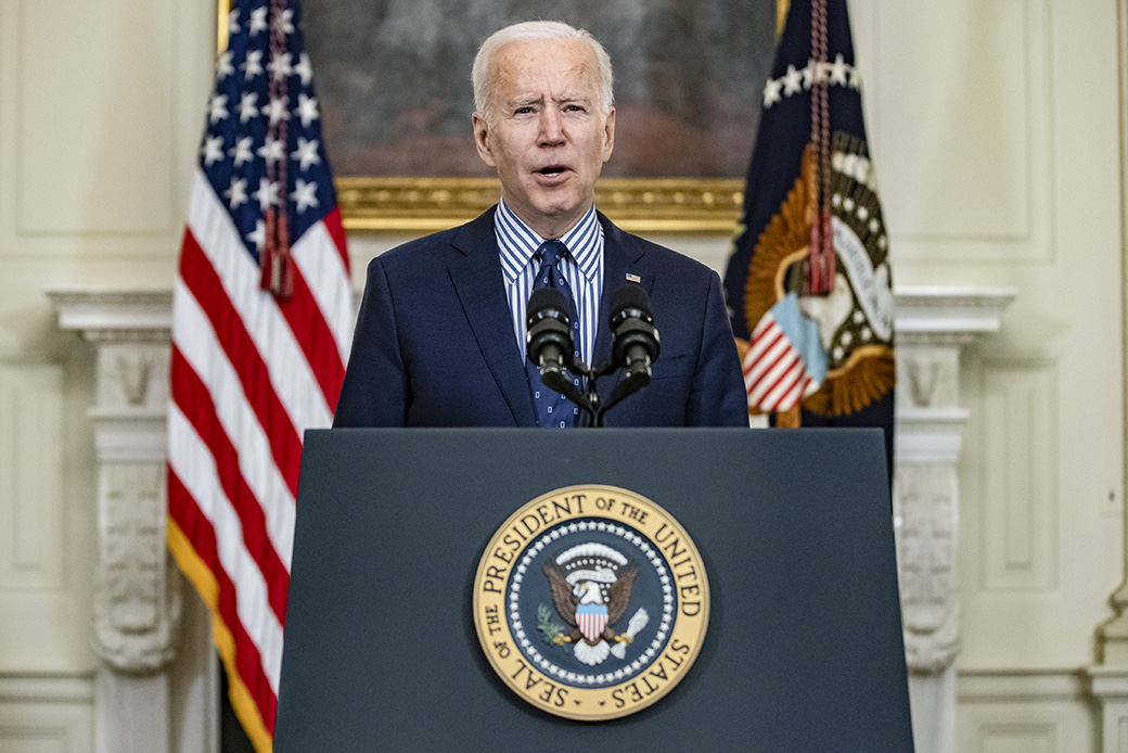 President Joe Biden speaks from the State Dining Room at the White House following the passage of the American Rescue Plan in the U.S. Senate, March 6, 2021, in Washington. (Getty/Samuel Corum)