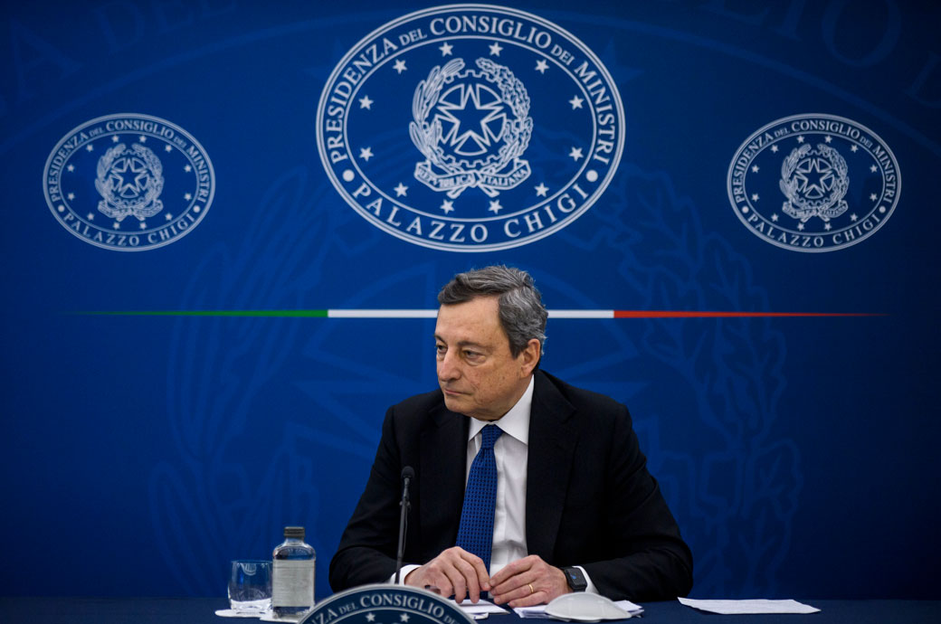 Italian Prime Minister Mario Draghi holds a press conference, March 2021. (Getty/Antonio Masiello)