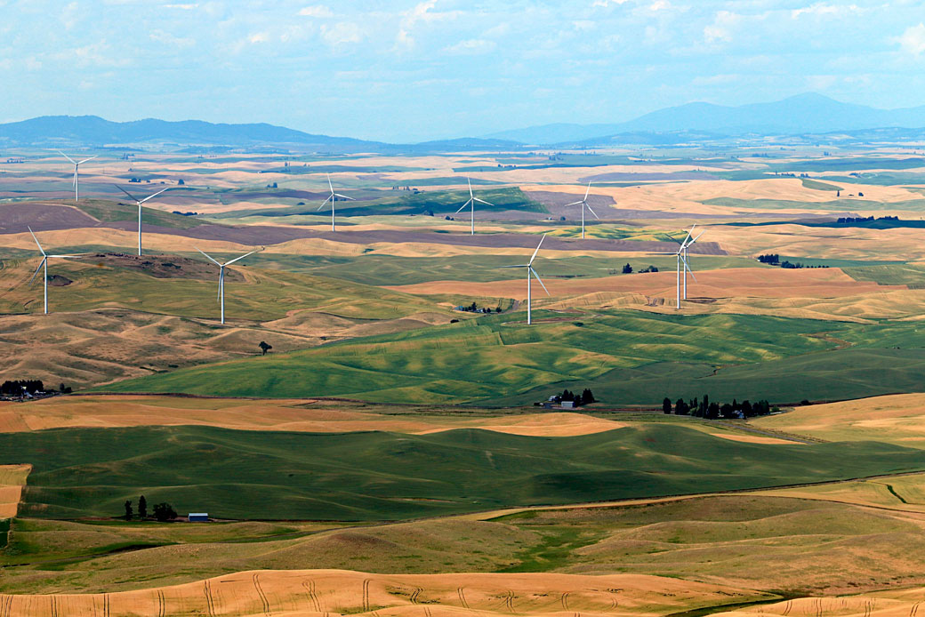 A wind farm in southeastern Washington state is viewed from the summit of nearby Steptoe Butte in Whitman County, July 2020. (Getty/Don & Melinda Crawford/Education Images/Universal Images Group)