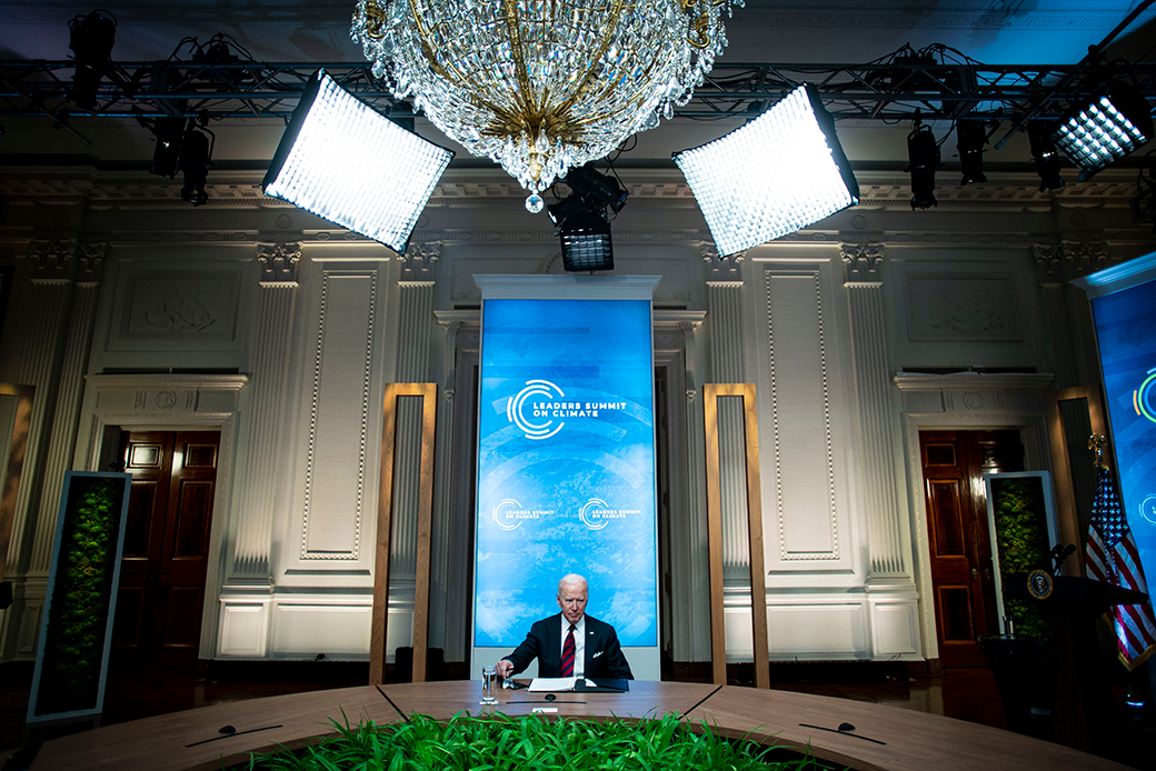 U.S. President Joe Biden listens during a virtual Leaders Summit on Climate with 40 world leaders, April 2021. (Getty/Al Drago-Pool)