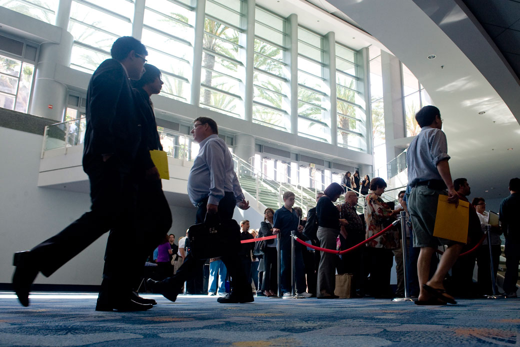 Job seekers line up to enter a job fair at the Anaheim Convention Center in Anaheim, California, on June 19, 2013. (Getty/Digital First Media/Orange County Register/Paul Bersebach)