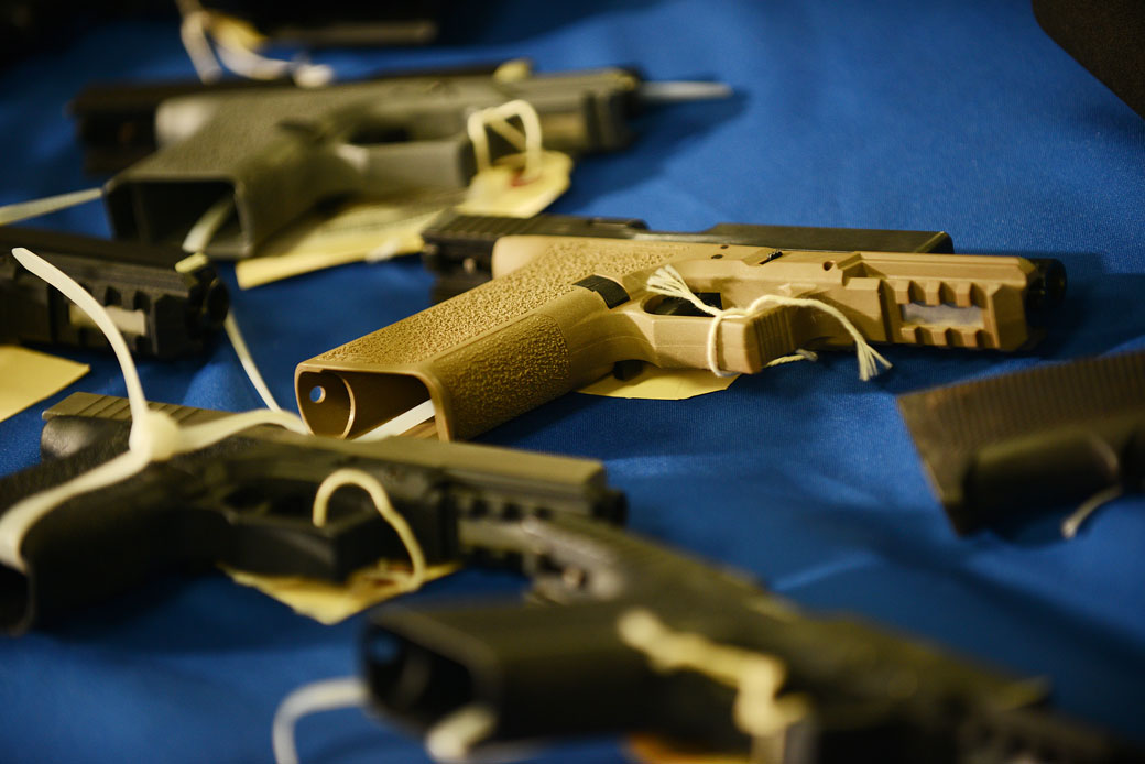  (Ghost guns that were secured by the D.C. Metropolitan Police Department are on display during a press conference held by Mayor Muriel Bowser (D) in Washington, D.C., February 2020.)