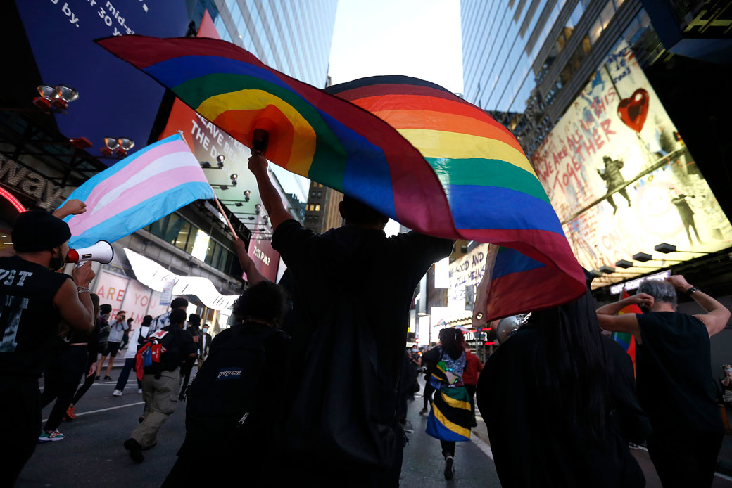 Protestors march in support of transgender lives during a demonstration in New York City, October 2020. (Getty/John Lamparski/SOPA Images/LightRocket)